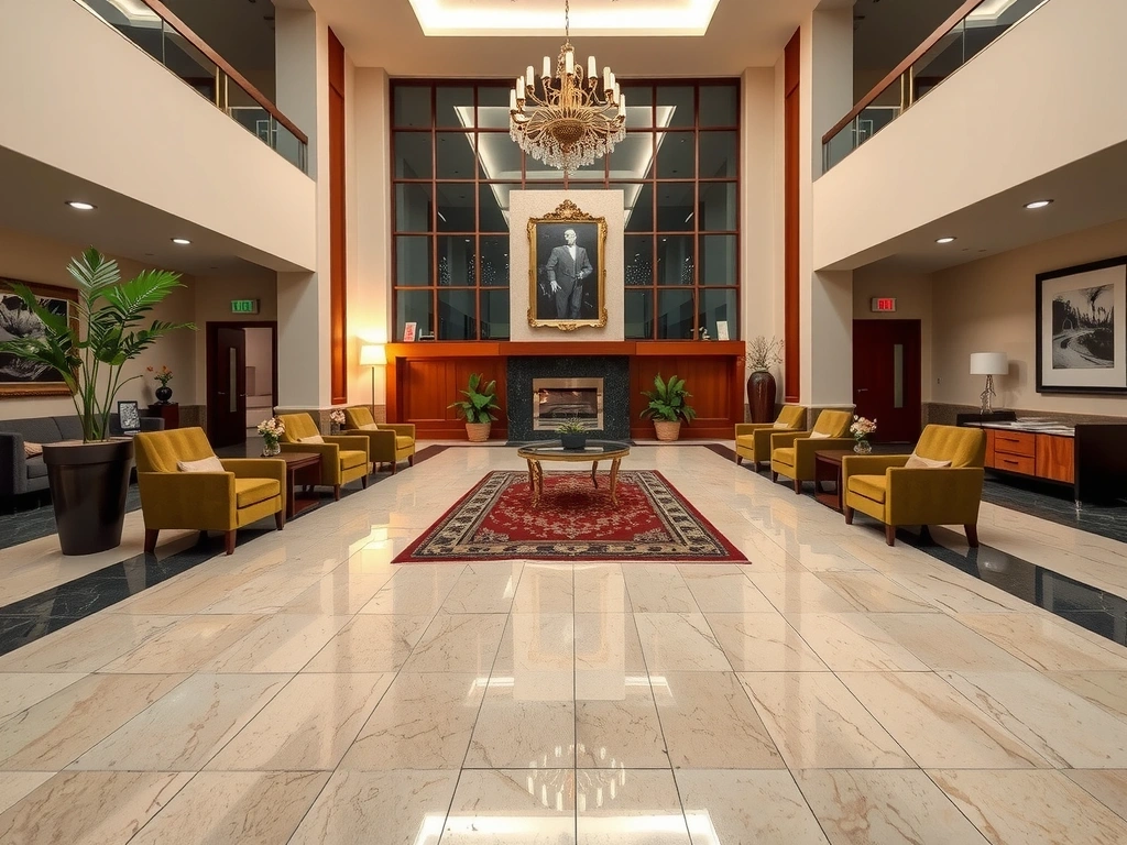 Lobby con mobiliario ordenado y pisos con reflejo controlado