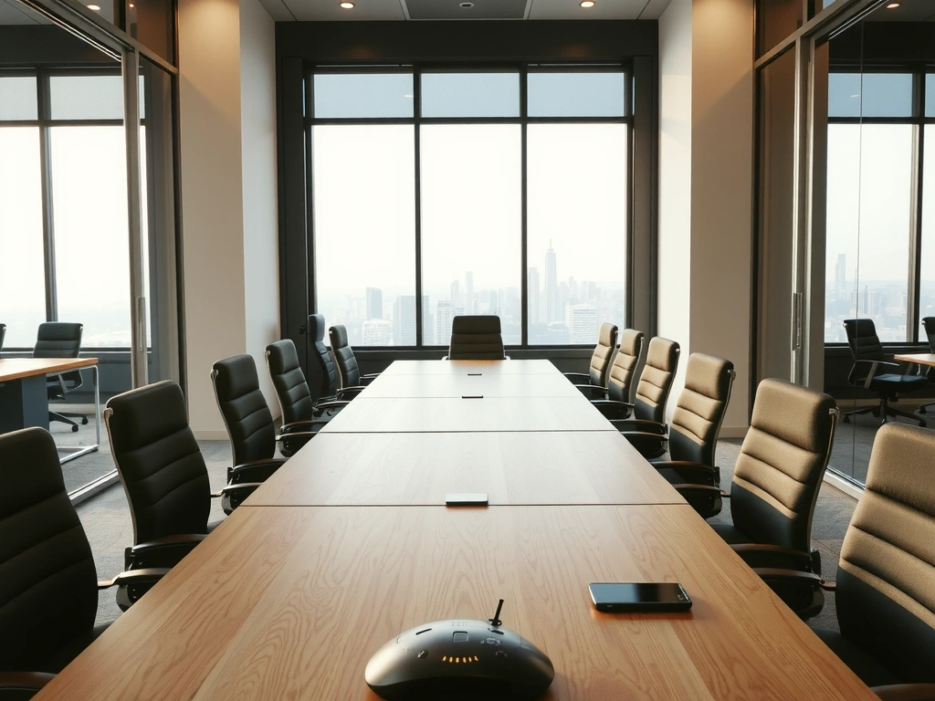 Oficina con mobiliario alineado y vidrios limpios